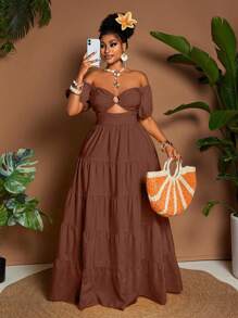 Maweii Vestido maxi casual de talla grande de unicolor con hombros descubiertos - Marrón - Ver 4