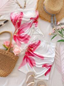 Teen Girls Floral Print Cropped Tube Top And Mini Skirt Two-Piece Casual Vacation/Outdoor Outfit