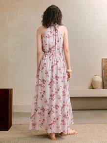 GENKIRA Vestido maxi ajustado con panel de encaje hueco, estampado floral romántico, elegante y apropiado para usar en la ciudad, de estilo vacacional, para primavera/verano/otoño - Púrpura malva - Ver 4
