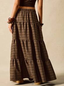 Easelle 棕色复古格子编织多层拼布休闲女式半身裙秋夏乡村音乐会格子裙
