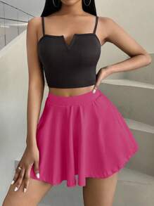 Zolique 1pc Women Summer Solid Color Mini Skirt With Mobile Phone Pocket, Suitable For Outdoor - Hot Pink - View 6