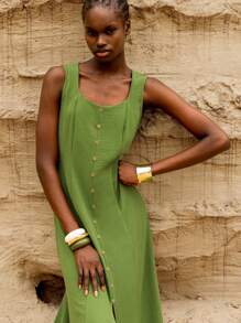 Lumivelle 女士夏季度假亚麻方领修身长裙 - 綠色 - 查看 2