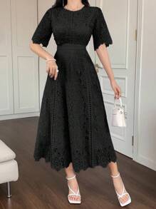 DAZY 优雅水溶蕾丝短袖迷你连衣裙，青春可爱，高端时尚迷你连衣裙夏季女装连衣裙长裙 - 黑色 - 查看 3