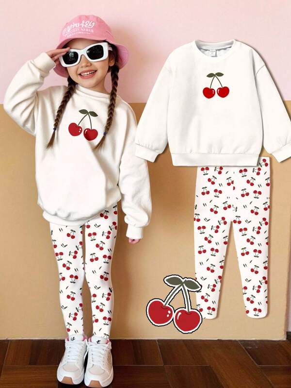 SHEIN 2pcs/Set Cute Cherry Print, Adorable Cherry Girl Graphic Round Neck Long Sleeve Sweatshirt And Leggings Set, Stylish Casual Autumn/Winter Outfit For Kids Cherry Kids Outfit Girls Cherry Outfit Cherry Sweatshirt Set For Girl Girls Cherry Set Toddler Girls Cherry Outfit Fall