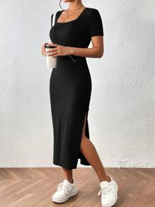 SHEIN PETITE CURVE Black Knitted Midi Dress With Square Neck And Side Slit For Casual Petite Women Petite Black Dress Petite Dress With Slit Petite Curve Dress Petite Midi Dress Black Midi Dress With Slit - Black - View 8