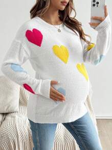 SHEIN Pregnant Women Heart Pattern Round Neck Drop Shoulder Casual Everyday Sweater Fall Winter Clothes Maternity Sweater - Multicolor - View 1