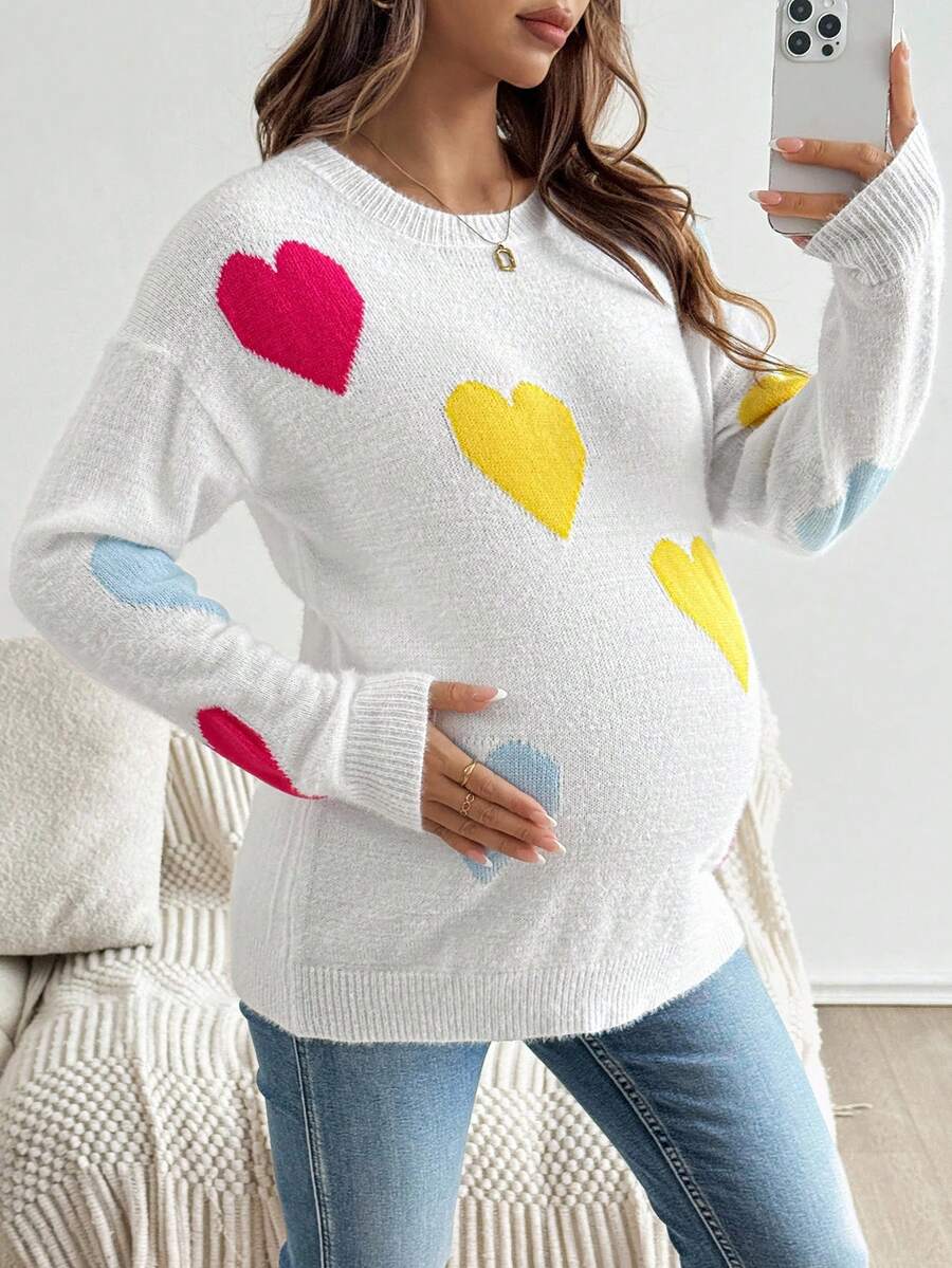 SHEIN Pregnant Women Heart Pattern Round Neck Drop Shoulder Casual Everyday Sweater Fall Winter Clothes Maternity Sweater - Multicolor - View 1