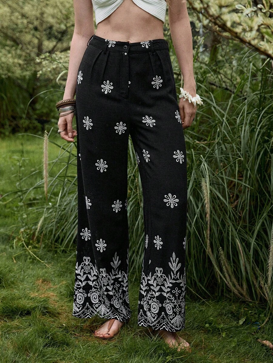 Florisole Women's Boho Floral Embroidered Wide Leg Pants Black Long Fabric Pants With Zipper Detail Fall Cloth For Women - Black - View 1