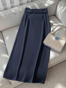 GlowEve 女士休闲通勤纯色前扣半身裙 - 藏蓝色 - 查看 2