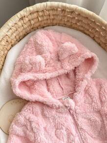 SHEIN Babygirl 毛绒粉色心形图案休闲百搭夹克，秋冬 - 粉色 - 查看 5