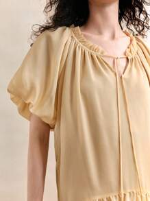 Arave Women's Viscose Fabric Summer Loose Casual Commuting Tie-Neck V-Neck Ruffled Lantern Sleeve Long Midi Dress,Butter Yellow Dress,Summer Dresses For Women,Casual Dresses For Woman,Flowy Dress,Modest Dresses For Women,Graduation Dresses For Women,Going Out Dress, Elegant Midi Dress,Wedding Guest Dress Women