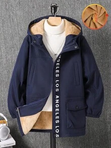 SHEIN 青少年男童字母印花拉链连帽夹克，带保暖内衬，秋冬男童冬季夹克，男童连帽夹克，男童羊毛夹克，儿童冬季外套，男童外套 - 藏蓝色 - 查看 4