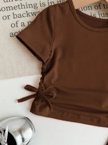 SHEIN LMoss Kids 2pcs Baby Girl Cute Knitted Brown Short Sleeve Top And Flared Pants Casual Set Baby Girl Brown Outfit Toddler Girl Brown Clothes Brown Baby Girl Summer Set Baby Girl Brown Two Piece Set Toddler Girl Brown Summer Outfit - Brown - View 5