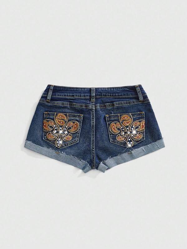 ROMWE Hippie Women's Vacation Style Vintage Hippie Paisley Embroidered Studded Low Waist Mini Denim Shorts