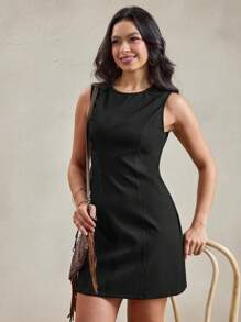 Wildy Vestido negro mini estilo formal básico de mezclilla al estilo americano campestre casual, para vestir cuando sale la profesora. Vestido negro mini formal para mujeres - Negro - Ver 5