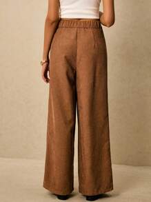 Poéselle 女秋季休闲百搭纯色阔腿裤，高腰阔腿裤，棕色灯芯绒裤女，高腰裤 - 棕色 - 查看 2