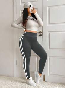 SHEIN EZwear 大码撞色条纹高腰无缝打底裤女式打底裤黑色打底裤条纹打底裤侧条纹打底裤 - 深灰色 - 查看 5