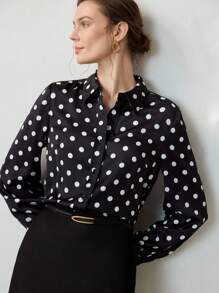 Uhlyne 女士经典丝质波点印花基础款商务休闲衬衫，秋季简约商务休闲风，适合假日、工作、教师、返校季等场合，尽显老钱风范。 - 黑色 - 查看 7