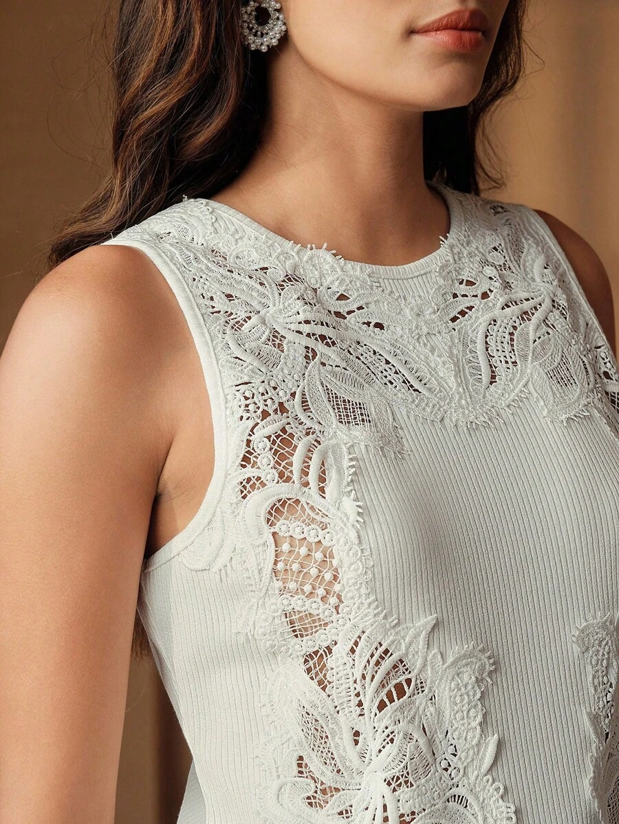 Anewsta 女士优雅刺绣镂空常规背心 - 白色 - 查看 1