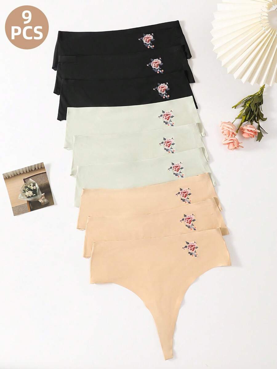 SHEIN Set de 9 piezas de bragas tipo tanga sin costuras de talla grande, para verano - Multicolor - Ver 1