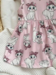 Baby Girls' Casual Knitted Sleeveless Cat Print Empire Waist Dress - Pink - View 9