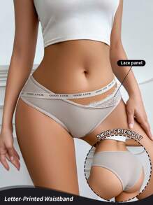 SHEIN 1 pieza Bragas cómodas y ajustadas de mujer con parches de encaje y detalles con letras - Caqui - Ver 1