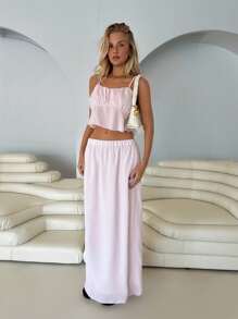 Roylia 2pcs Vacation Casual Solid Color Camisole And Skirt Set - Pink - View 1