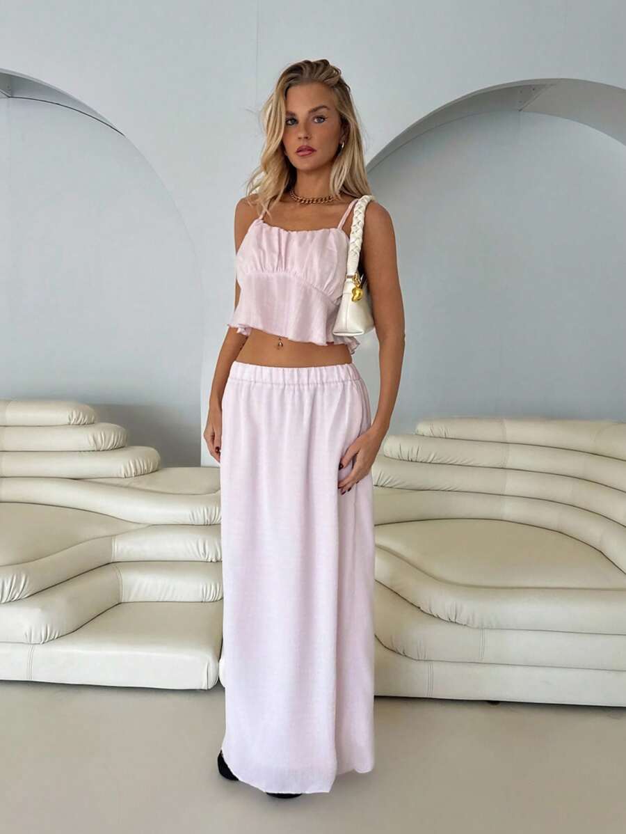 Roylia 2pcs Vacation Casual Solid Color Camisole And Skirt Set - Pink - View 1