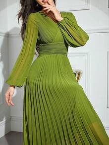 Modelyn Women's Solid Color Cross Wrap V-Neck Pleated Elegant Long Sleeve Midi Dress Green - Green - View 1