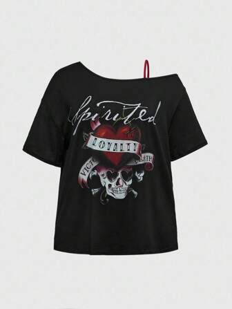Grunge Punk T-shirt ample avec épaules dénudées, tailles plus, à imprimé crâne cœur vintage pour femmes de grande taille