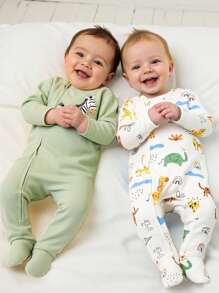 Cozy Pixies 2件套新生女宝宝卡通动物图案针织柔软圆领长袖连体衣 - 綠色 - 查看 1