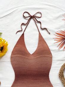 Soleia Coffee Brown Autumn Boho Vacation Holiday,Elegant Tropical Ombre Halter Neck Ruffle Knit Mini Dress,Beach Wedding Guest Graduation Brunch Attire - Multicolor - View 6