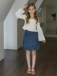 SHEIN Tween Girl Frill Trim Shirred Cold Shoulder Blouse - White - View 5