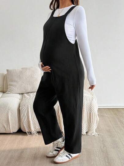 SHEIN Autumn And Winter Maternity Casual All-Match Solid Color Sleeveless Jumpsuit
