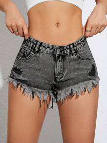 SHEIN ICON Women's Pocket Distressed Frayed Hem Casual Denim Shorts - Grey - View 3