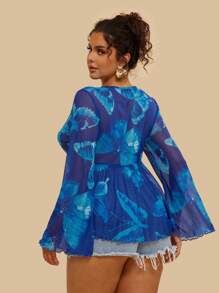 SHEIN VCAY 大码女式蝴蝶印花前系带喇叭袖时尚衬衫夏装女式夏季衬衫女式服装蓝色上衣女式蓝色夏季上衣皇家蓝上衣透明蓝上衣