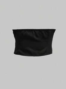 INAWLY Plus Size Women Solid Color Minimal Bandeau Black Top