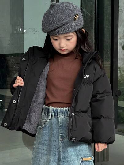 Dazy Kids Young Girl Bow Embroidered Zipped Winter Cotton-Padded Hooded Jacket