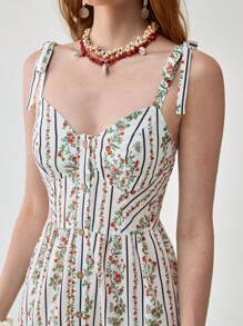 Florisole Women's Casual Floral & Striped Ruffled Hem Spaghetti Strap Dress Floral Midi Dress Summer Dress - Multicolor - View 1