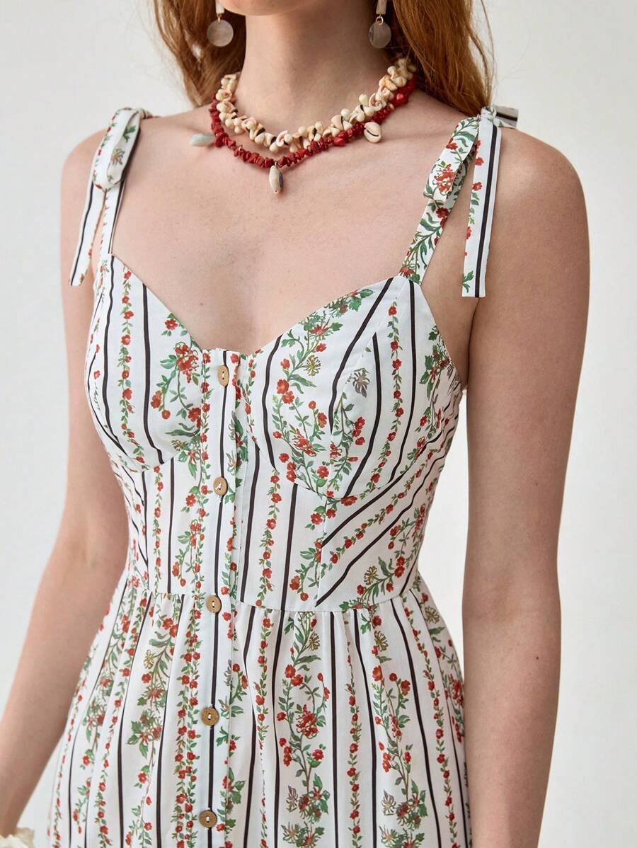 Florisole Women's Casual Floral & Striped Ruffled Hem Spaghetti Strap Dress Floral Midi Dress Summer Dress - Multicolor - View 1