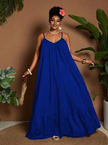 Maweii Plus Size Women Solid Color Casual Vacation Daily Wear Sleeveless Off Shoulder Ruffle Patchwork Loose Flared Maxi Dress, Summer