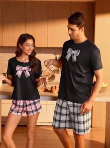 Set di pigiama a quadretti con papillon carino da uomo, abiti casual da casa per coppia