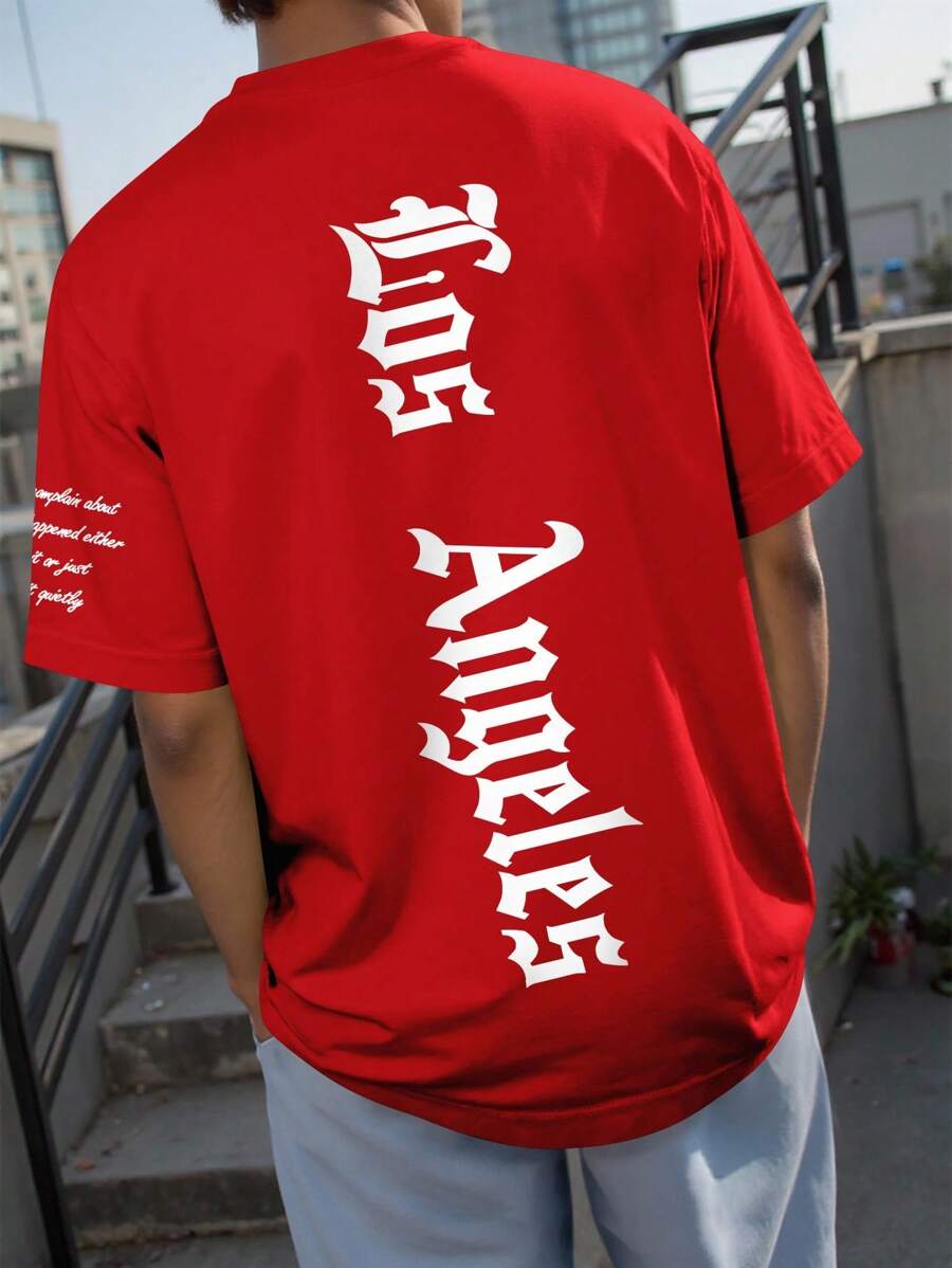 Manfinity LEGND Camiseta de manga corta con estampado de eslogan para hombres, adecuada para uso diario en primavera y verano, estilo de los 2000 - Rojo - Ver 1