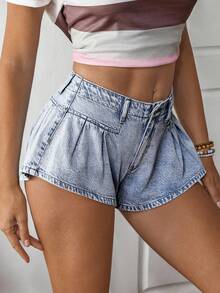 SHEIN ICON Women's Pleated Casual Low Waist Wide Leg Denim Shorts - Light Wash - View 4