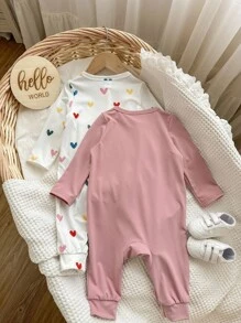 2pcs/Set Baby Girl Cute Knitted Pink Heart Pattern Long Sleeve Romper Set, Autumn/Winter