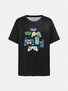 Conjunto de pijama de manga corta con estampado de control de juegos para adolescentes - Negro - Ver 9
