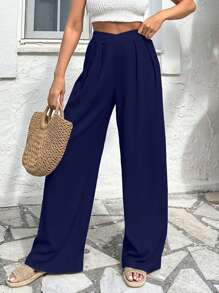 Pantalones anchos, sueltos, con pliegues y cintura asimétrica de unicolor para mujer