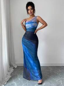 Rafferiza 渐变色高开叉不对称领褶饰薄纱长裙女装