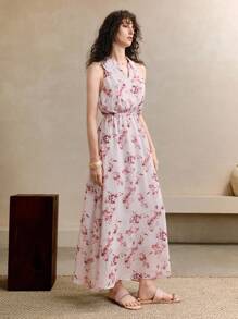 GENKIRA Vestido maxi ajustado con panel de encaje hueco, estampado floral romántico, elegante y apropiado para usar en la ciudad, de estilo vacacional, para primavera/verano/otoño - Púrpura malva - Ver 7