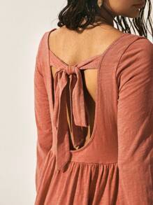 Easelle Damen Western Boho Rundhals Laternenärmel Rücken Twist Casual Ziegelrot Gestrickte Baumwolle Nackter Rücken Träger Kleid Herbst Damen Kleidung